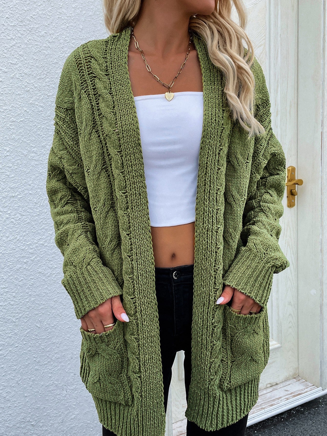 Woven Right Cable-Knit Open Front Cardigan with Front Pockets - OCEANE