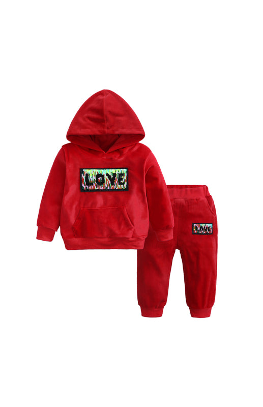 Kid's Sequin LOVE Hooded Multi Color Velvet Sweatshirt Hoodie Pajama Set