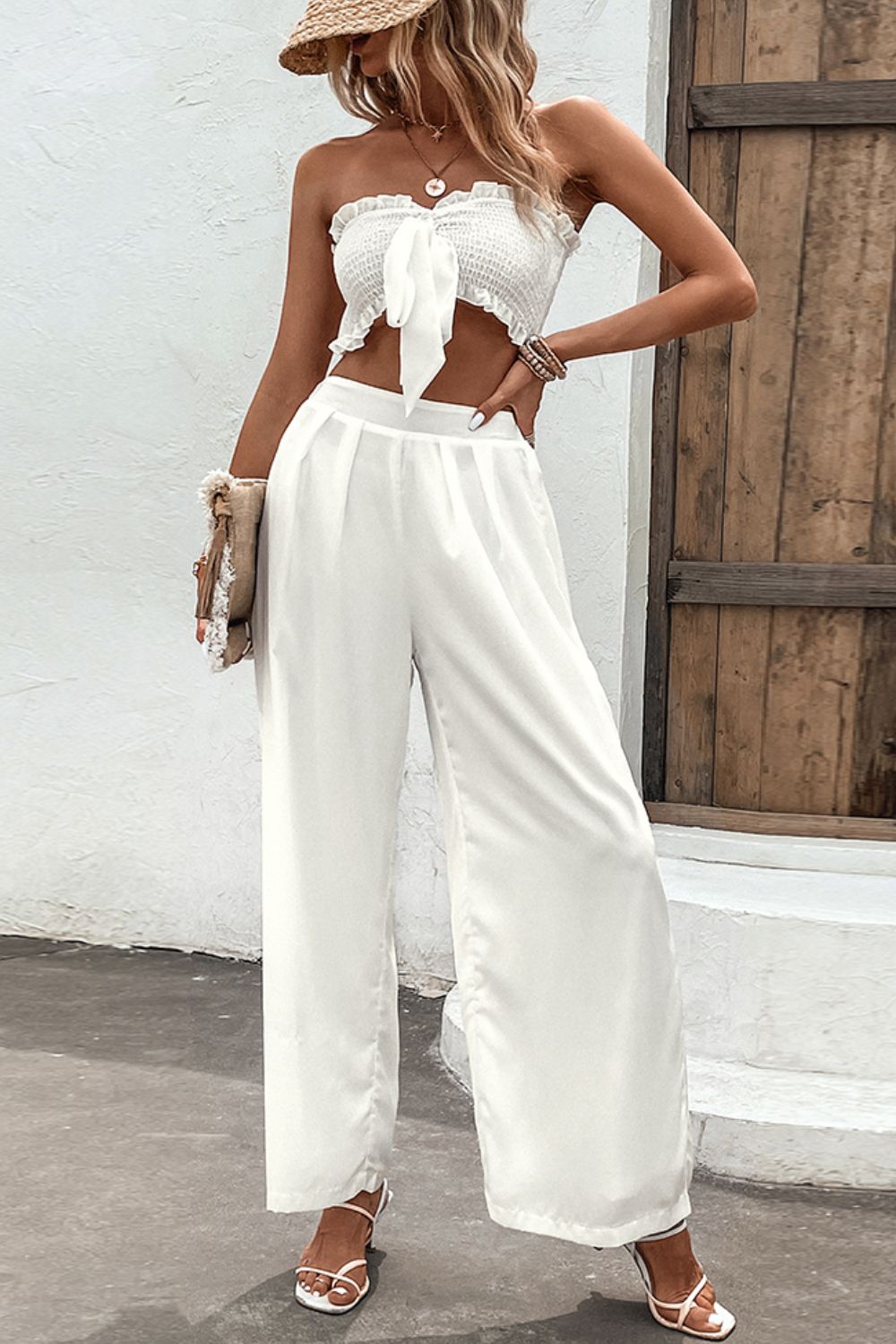 Smocked Tube Top and Wide Leg Pants Set - OCEANE