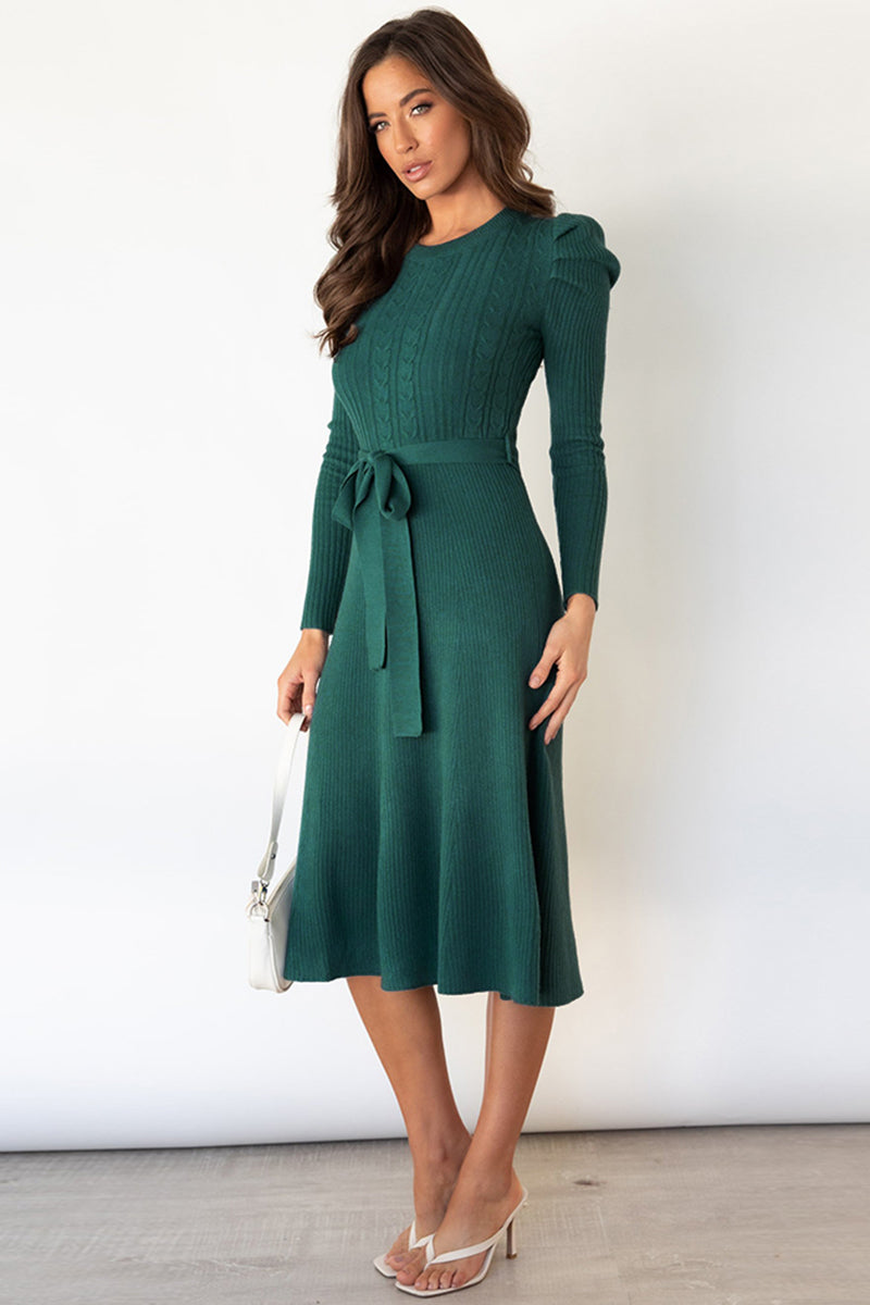 Round Neck Long Sleeve Tie Waist Sweater Dress - OCEANE