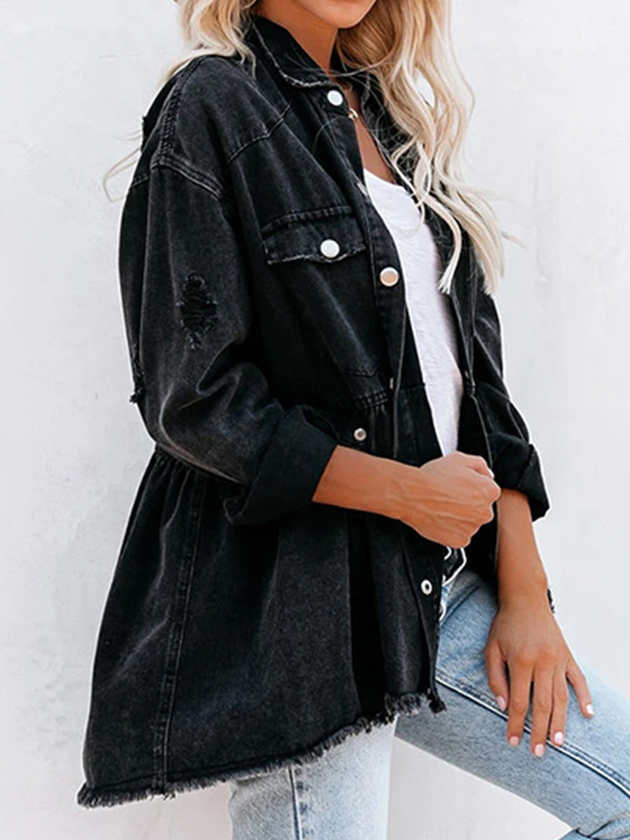 Raw Hem Distressed Denim Shacket - OCEANE