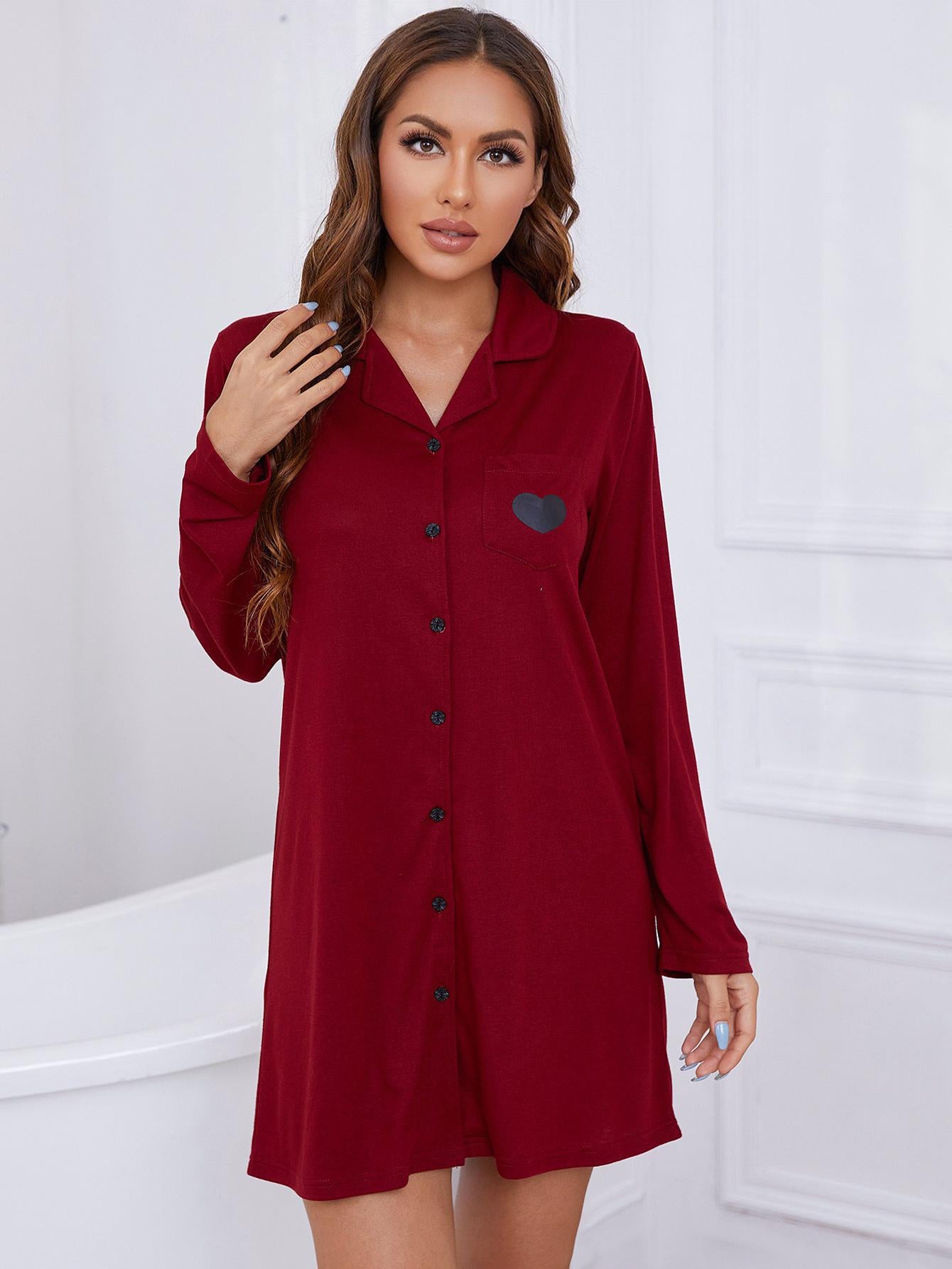 Heart Graphic Lapel Collar Long Sleeve Night Dress - OCEANE