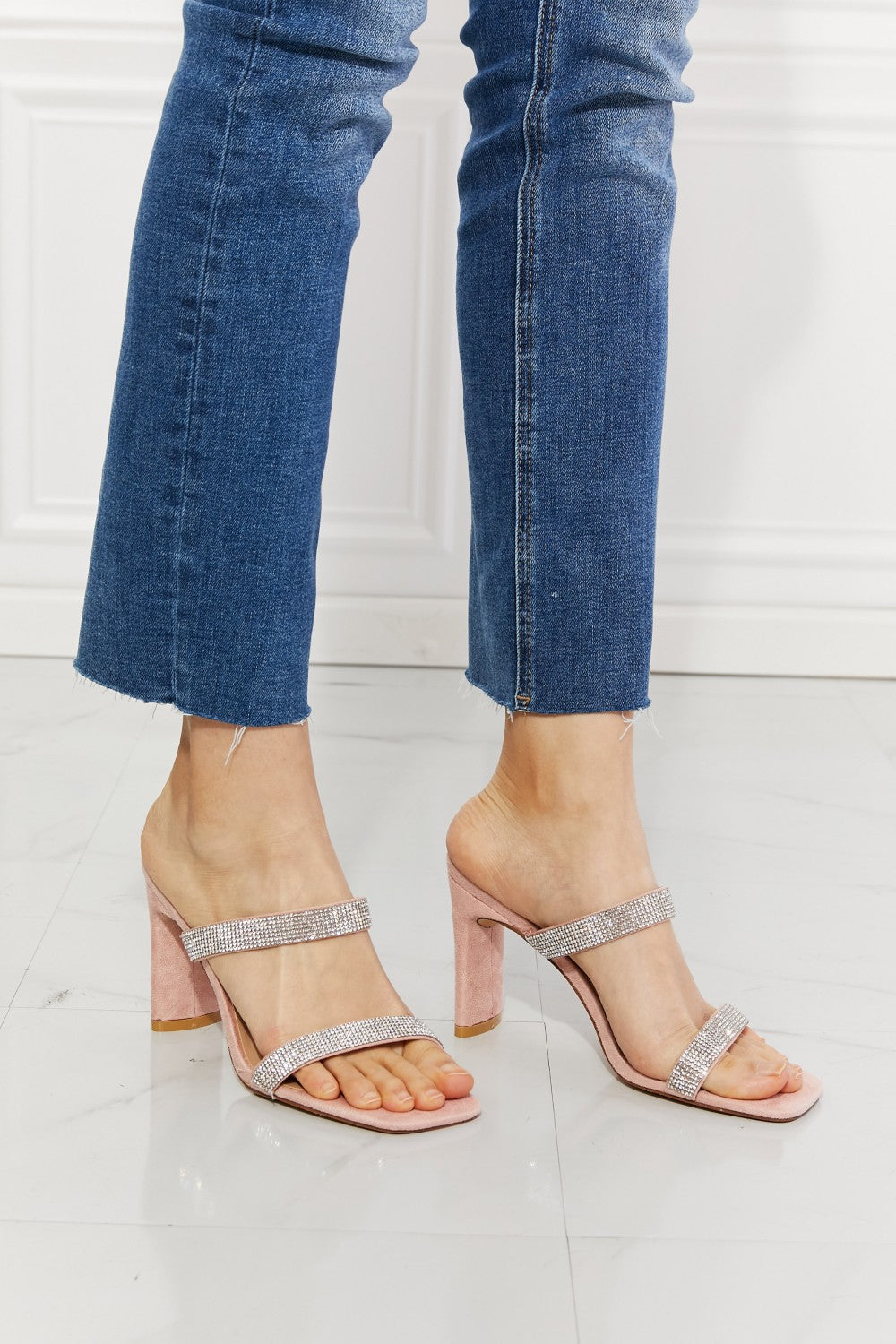 MMShoes Leave A Little Sparkle Rhinestone Block Heel Sandal in Pink - OCEANE