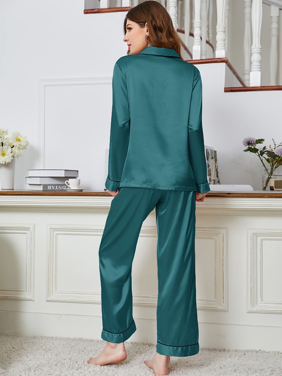 Lapel Collar Long Sleeve Top and Pants Pajama Set - OCEANE