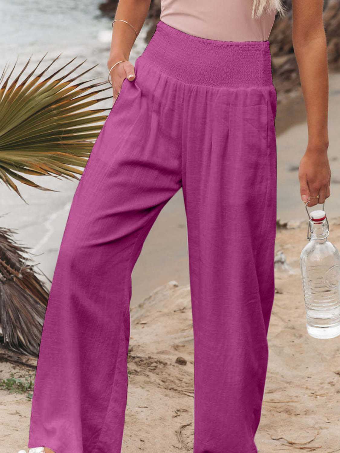 Full Size Smocked Waist Wide Leg Pants - OCEANE