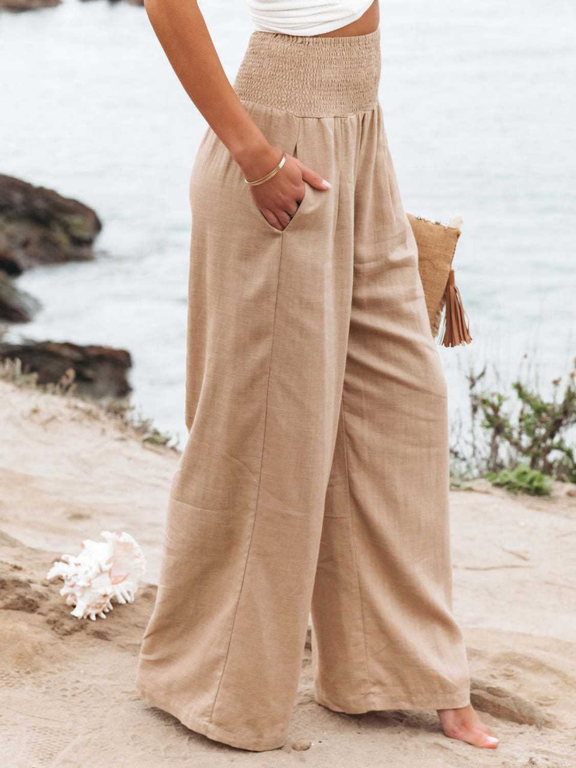 Full Size Smocked Waist Wide Leg Pants - OCEANE