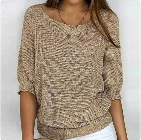 Women's round neck three-quarter sleeve knitted sweater~7 colors