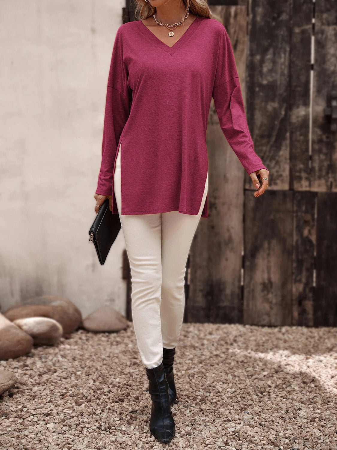 V-Neck Long Sleeve Slit Top - OCEANE