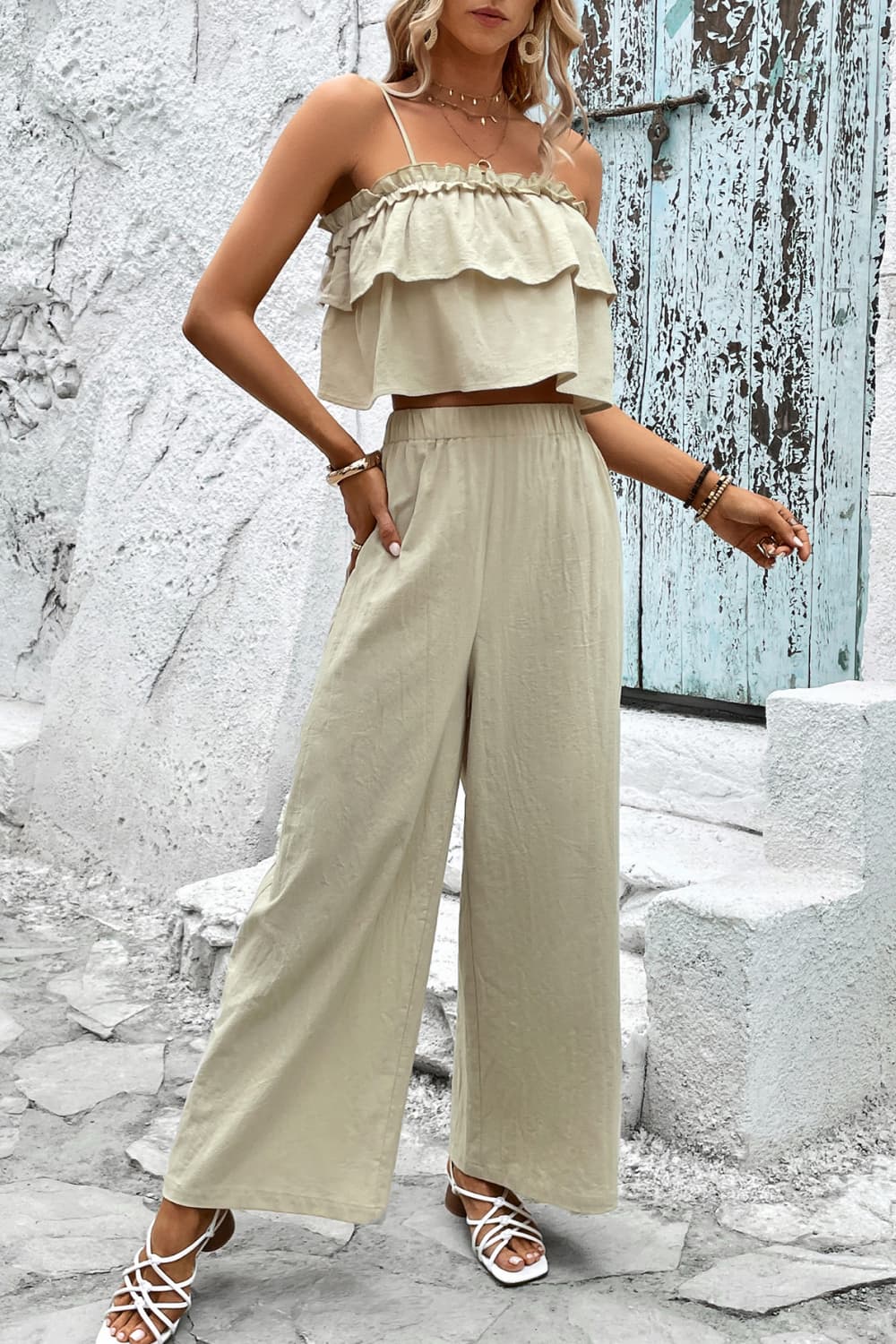 Frill Trim Cami and Wide Leg Pants Set - OCEANE