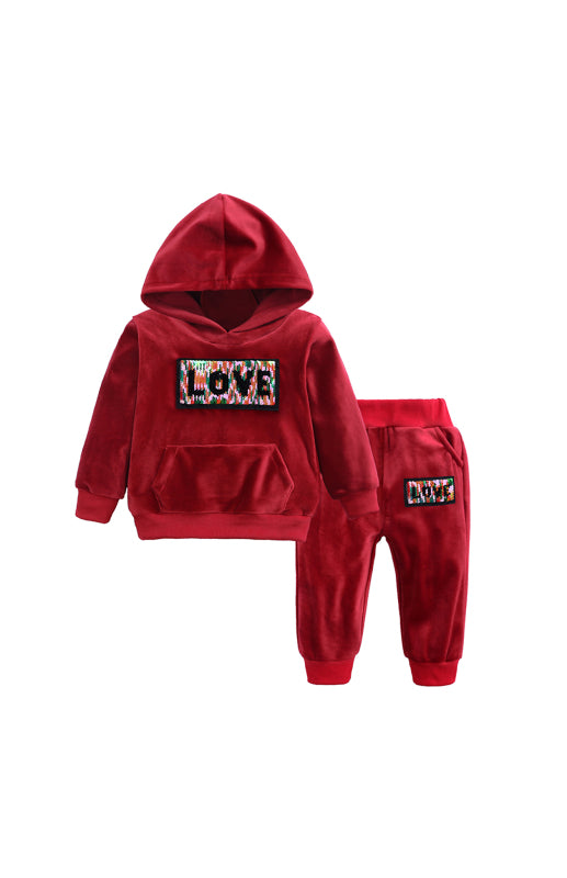 Kid's Sequin LOVE Hooded Multi Color Velvet Sweatshirt Hoodie Pajama Set