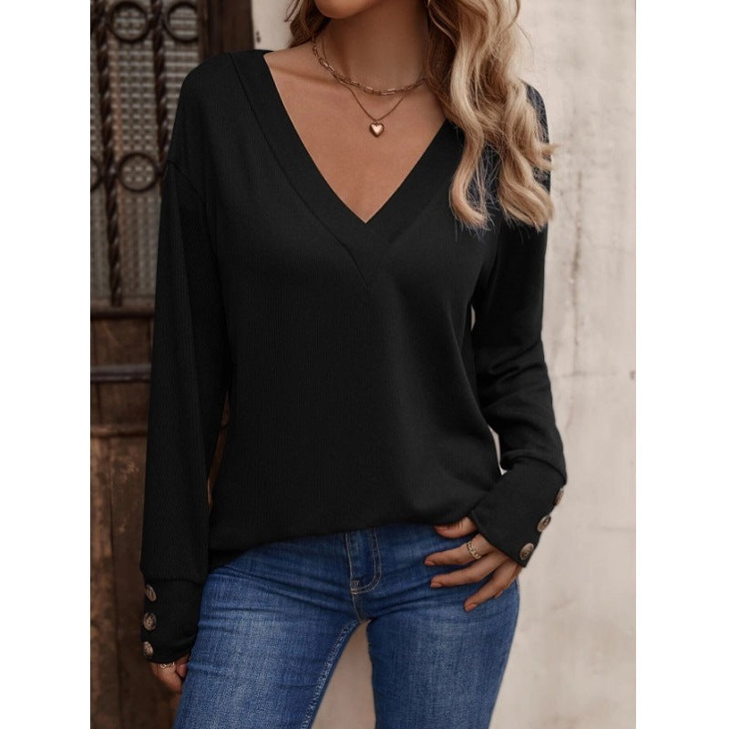 Women's V-neck loose long-sleeved T-shirt button top~8 colors!