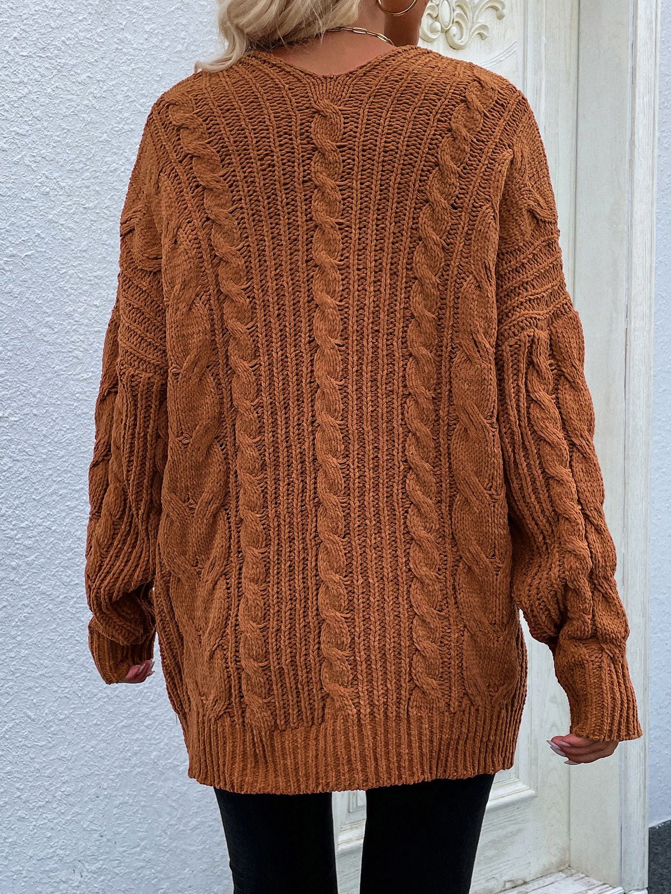 Woven Right Cable-Knit Open Front Cardigan with Front Pockets - OCEANE