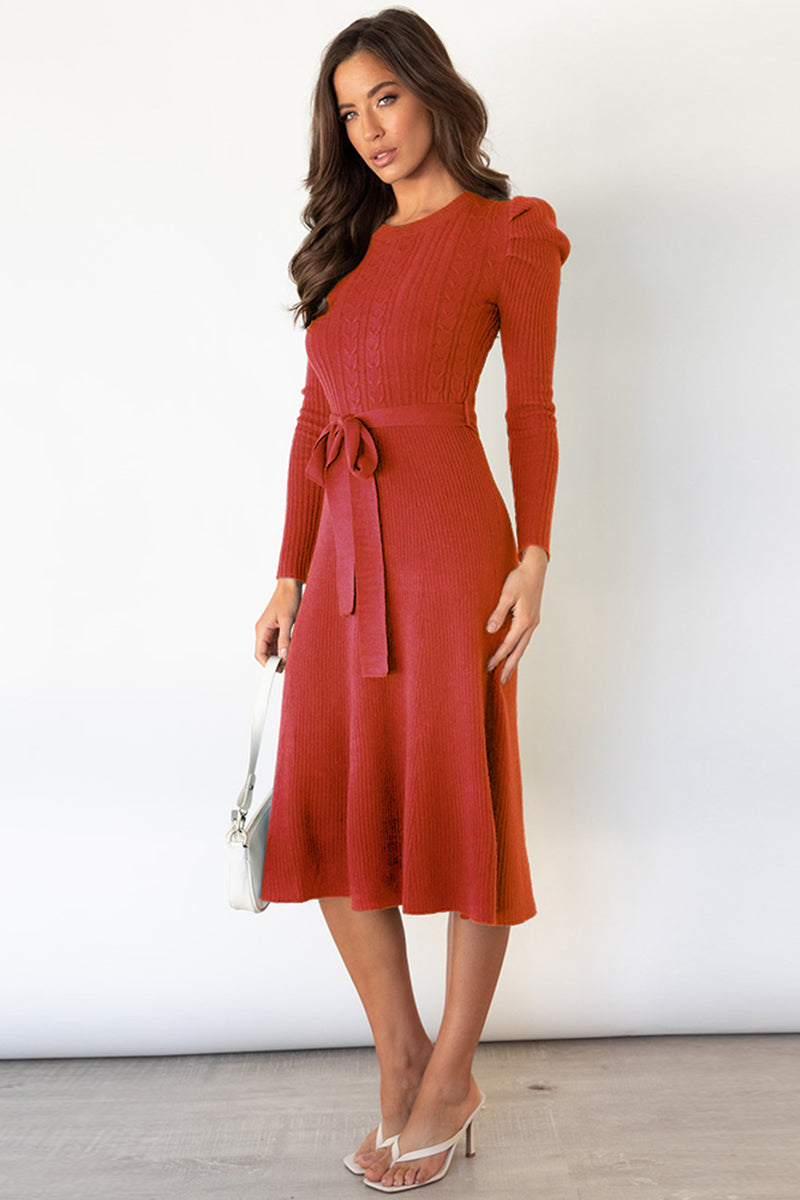 Round Neck Long Sleeve Tie Waist Sweater Dress - OCEANE