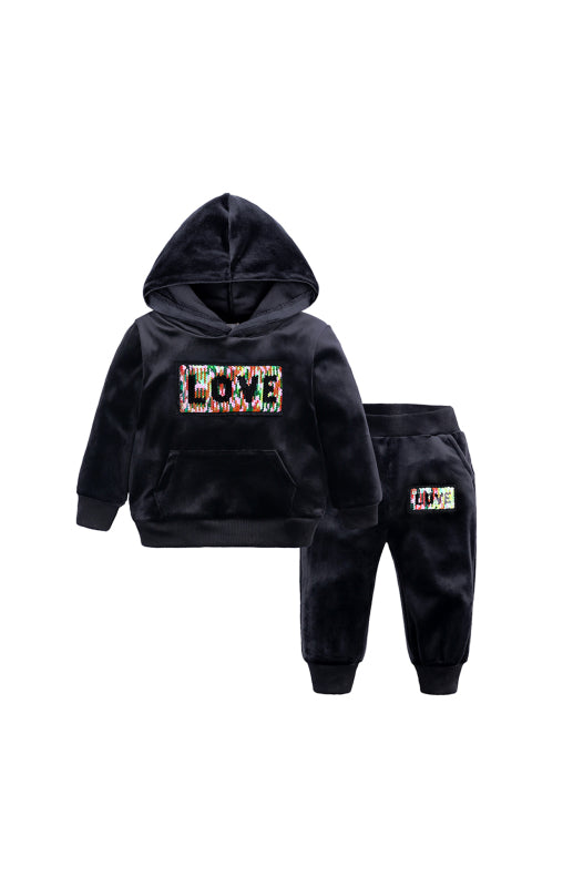 Kid's Sequin LOVE Hooded Multi Color Velvet Sweatshirt Hoodie Pajama Set