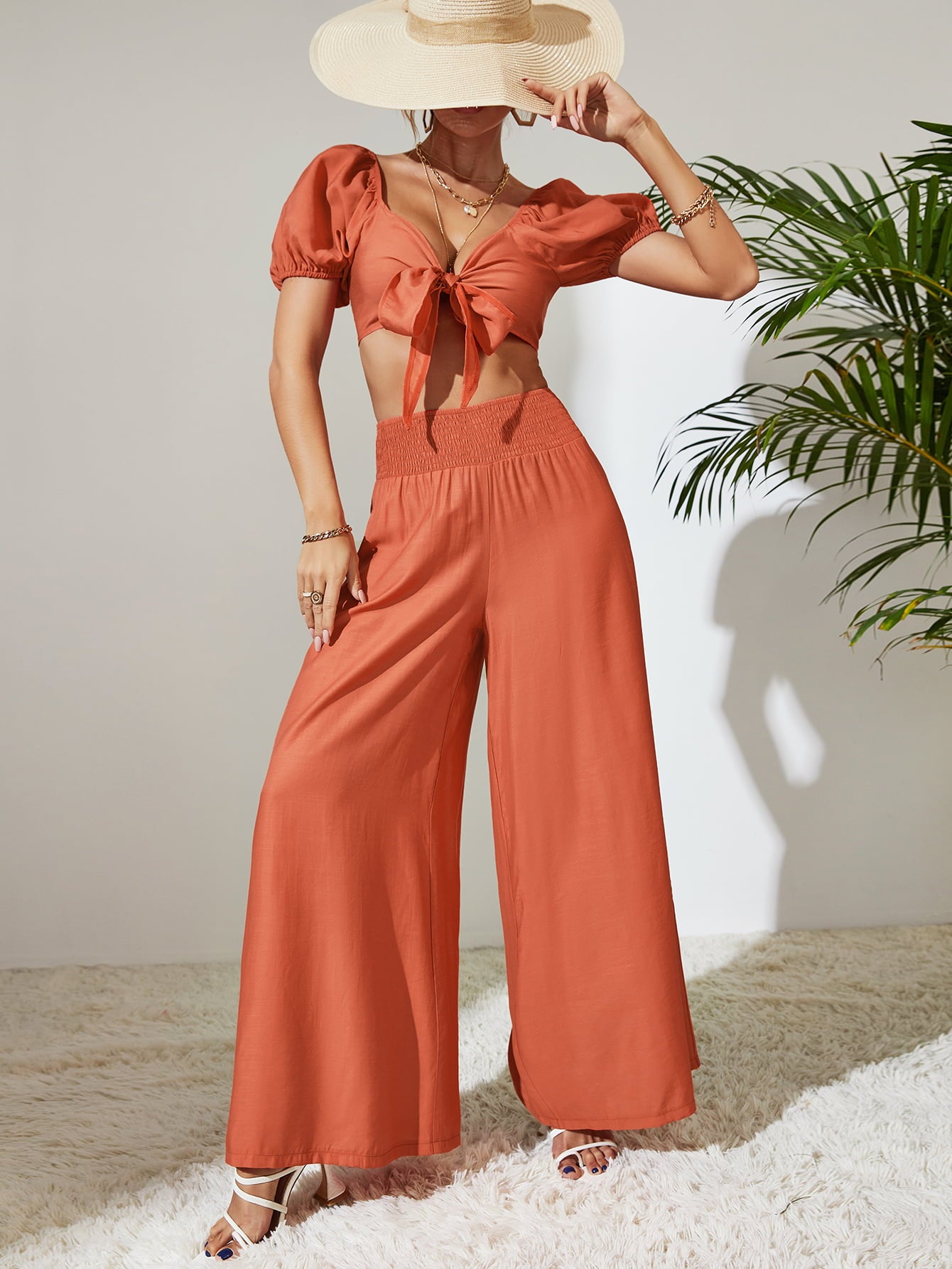 Tie Front Cropped Top and Smocked Wide Leg Pants Set - OCEANE