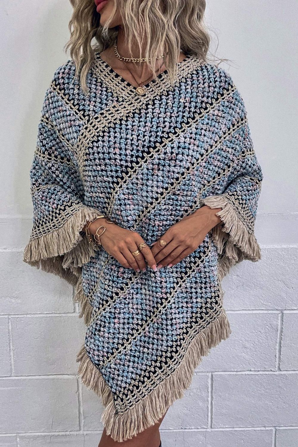 V-Neck Fringe Hem Poncho - OCEANE