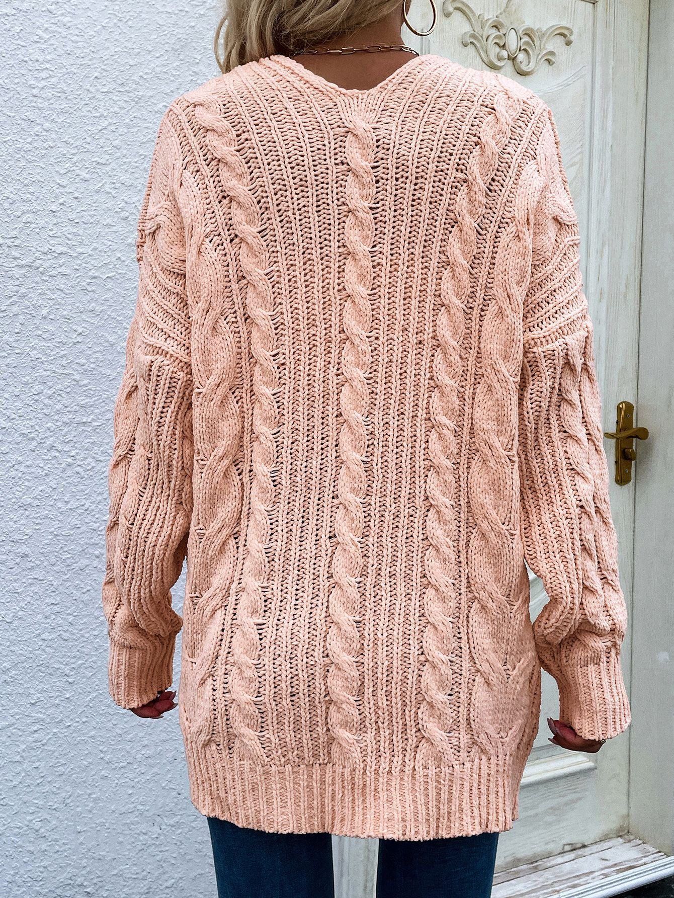 Woven Right Cable-Knit Open Front Cardigan with Front Pockets - OCEANE