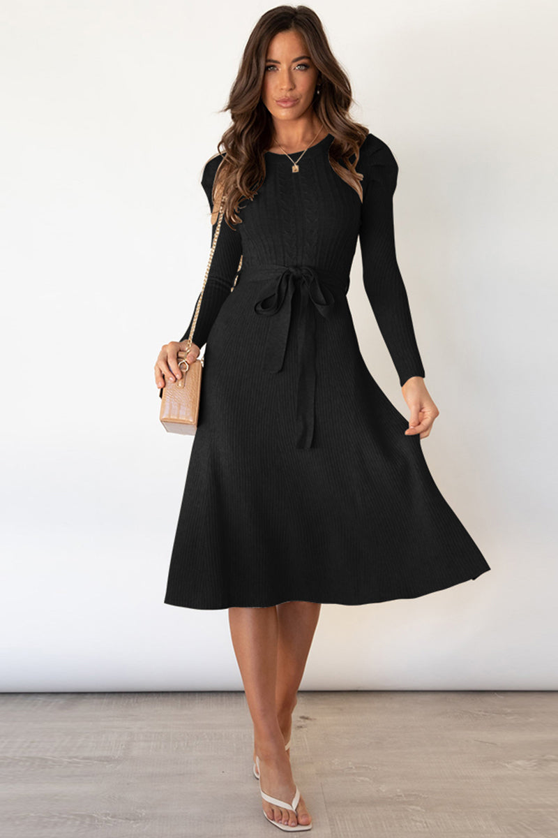 Round Neck Long Sleeve Tie Waist Sweater Dress - OCEANE