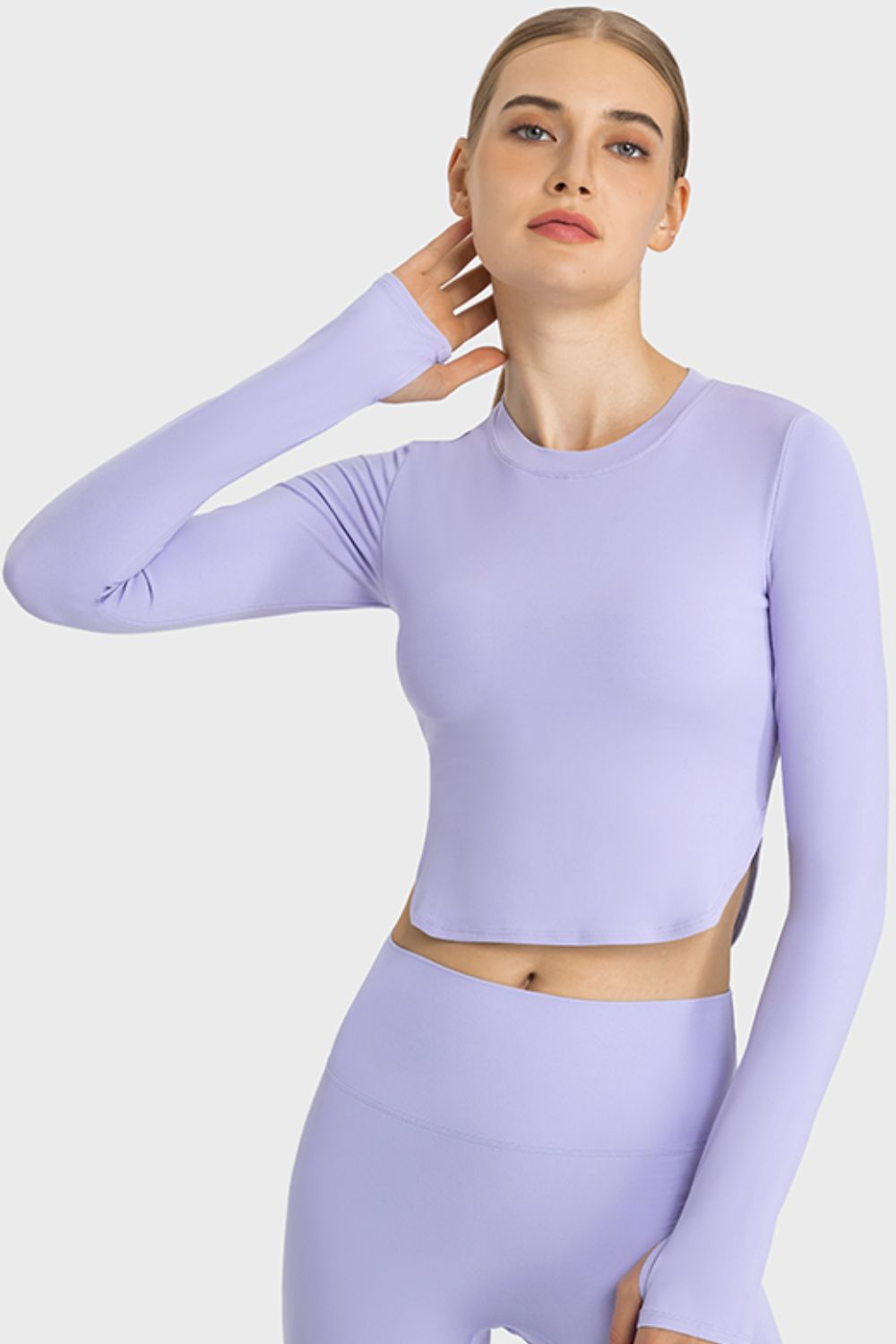 Side Slit Long Sleeve Round Neck Crop Top - OCEANE