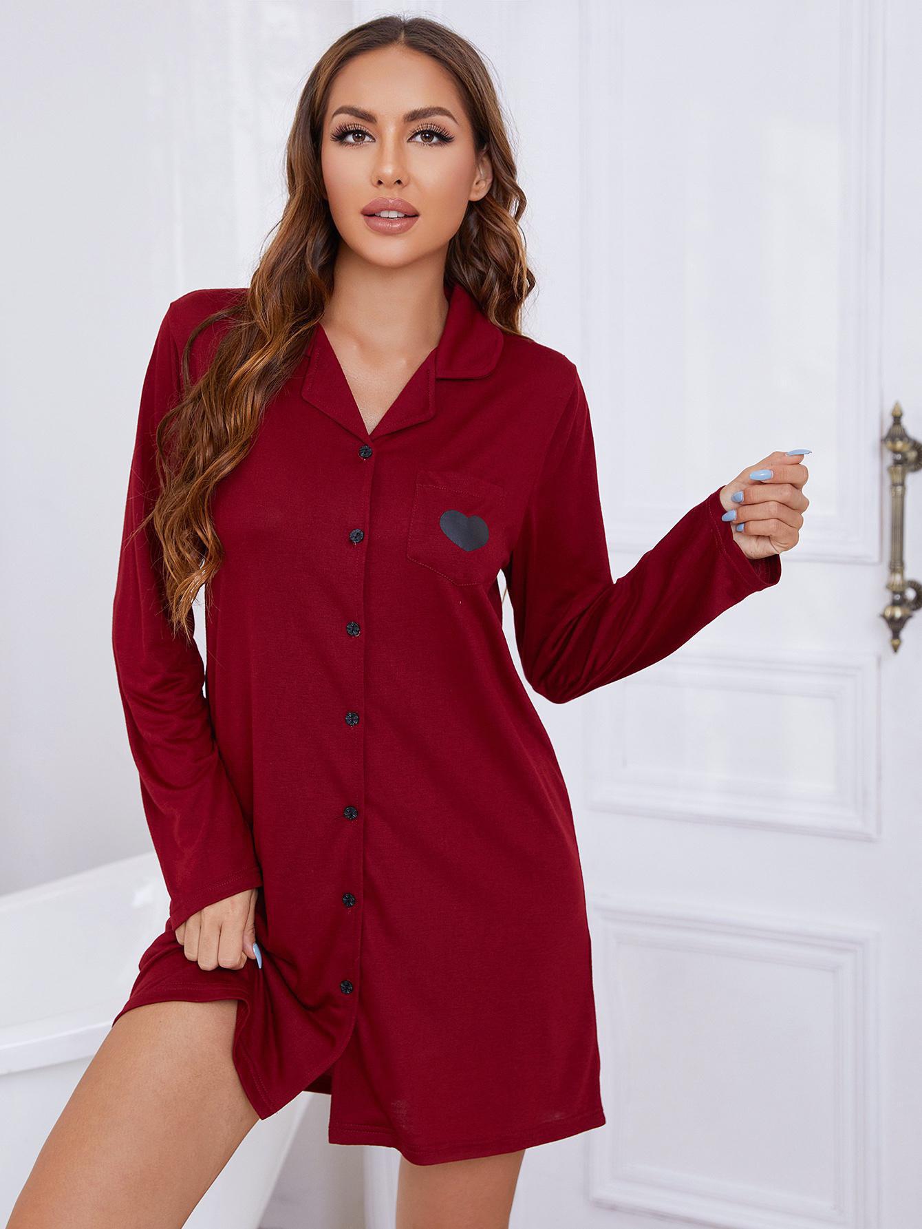 Heart Graphic Lapel Collar Long Sleeve Night Dress - OCEANE