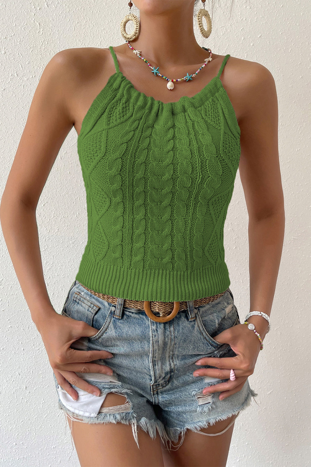 Round Neck Cable-Knit Sleeveless Knit Top - OCEANE