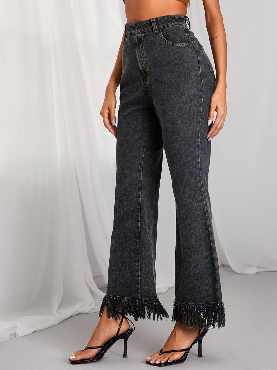 Fringe Detail Wide Leg Jeans - OCEANE