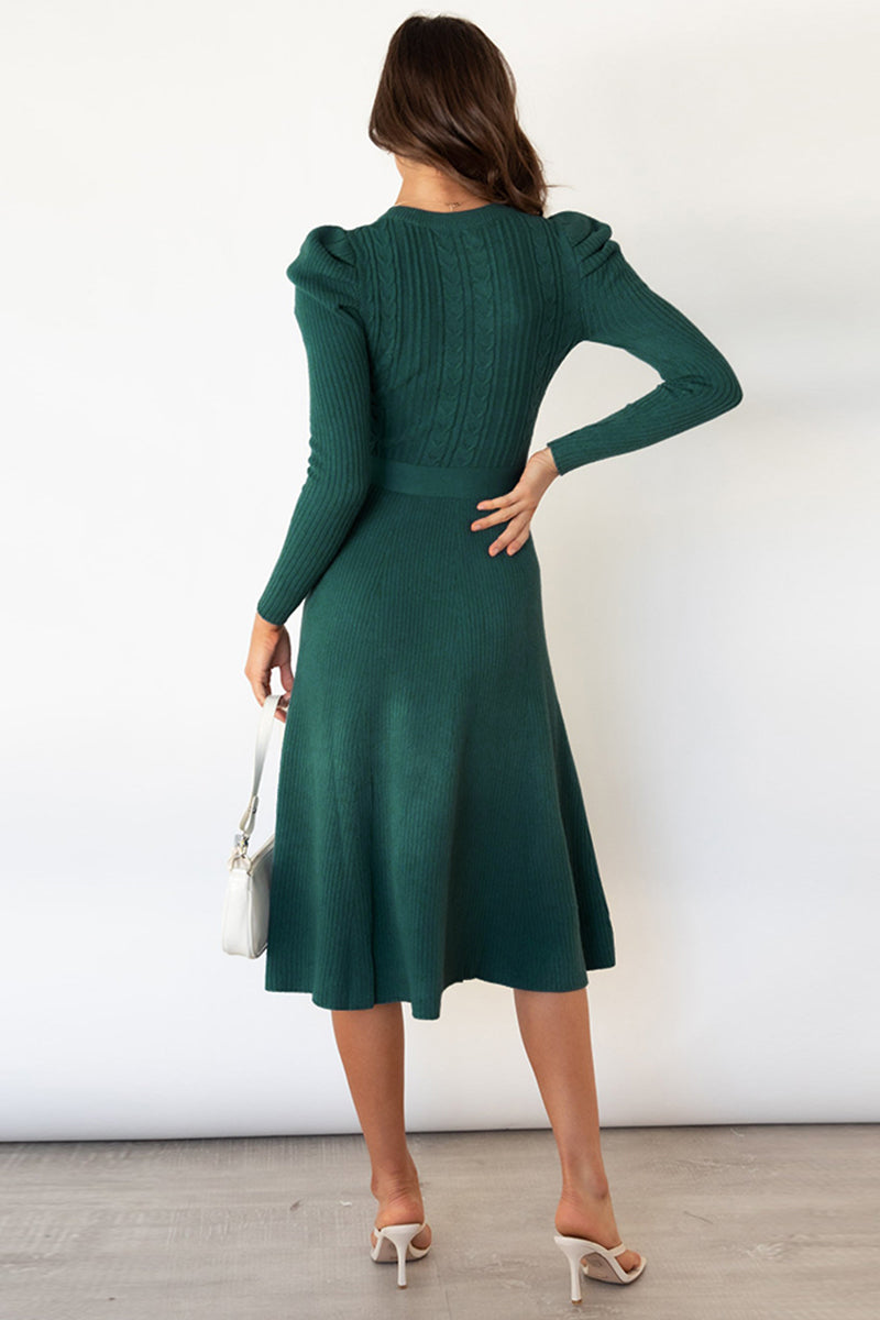 Round Neck Long Sleeve Tie Waist Sweater Dress - OCEANE