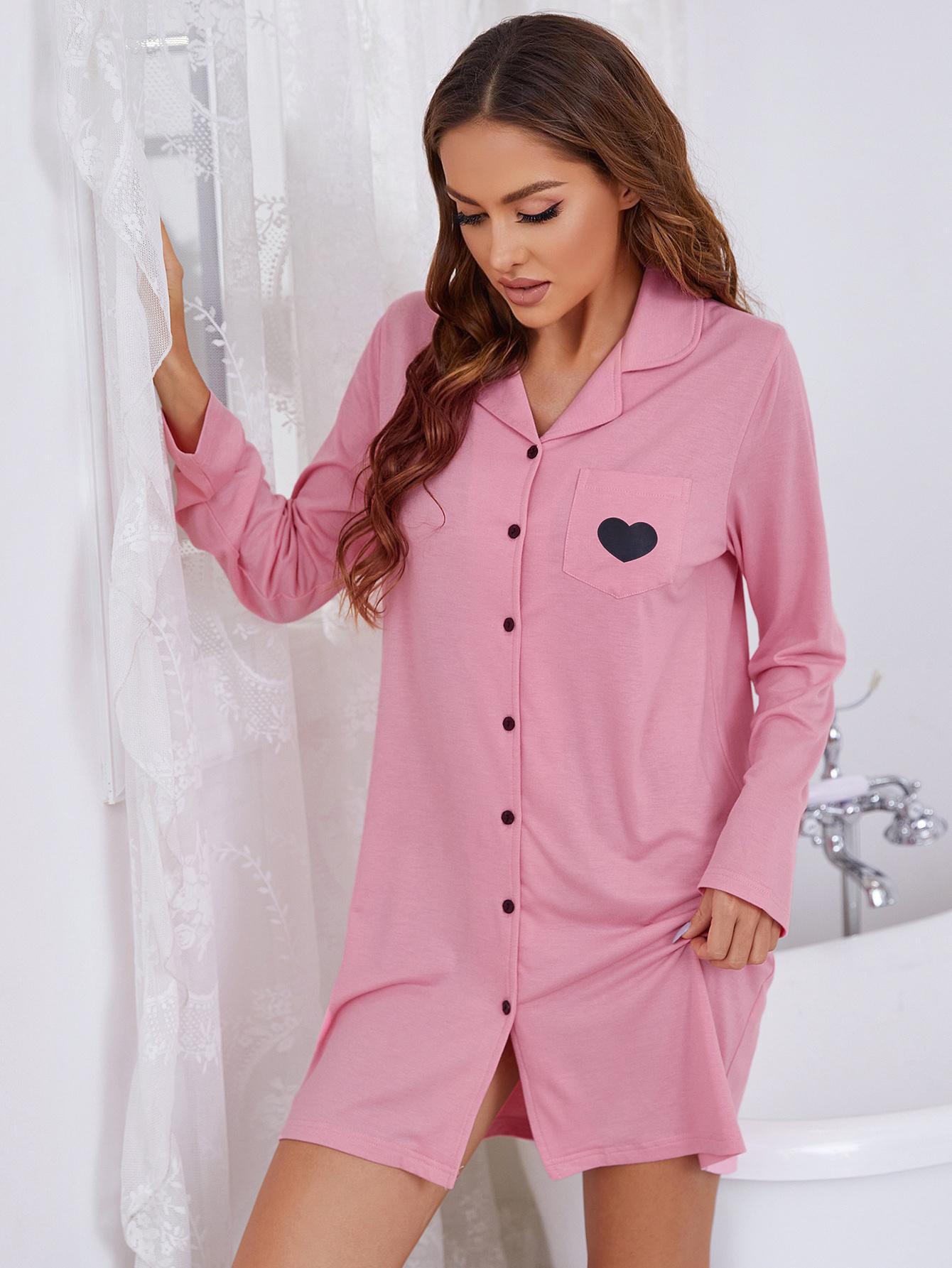 Heart Graphic Lapel Collar Long Sleeve Night Dress - OCEANE