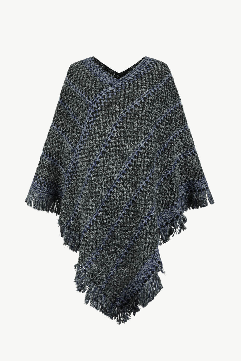 V-Neck Fringe Hem Poncho - OCEANE