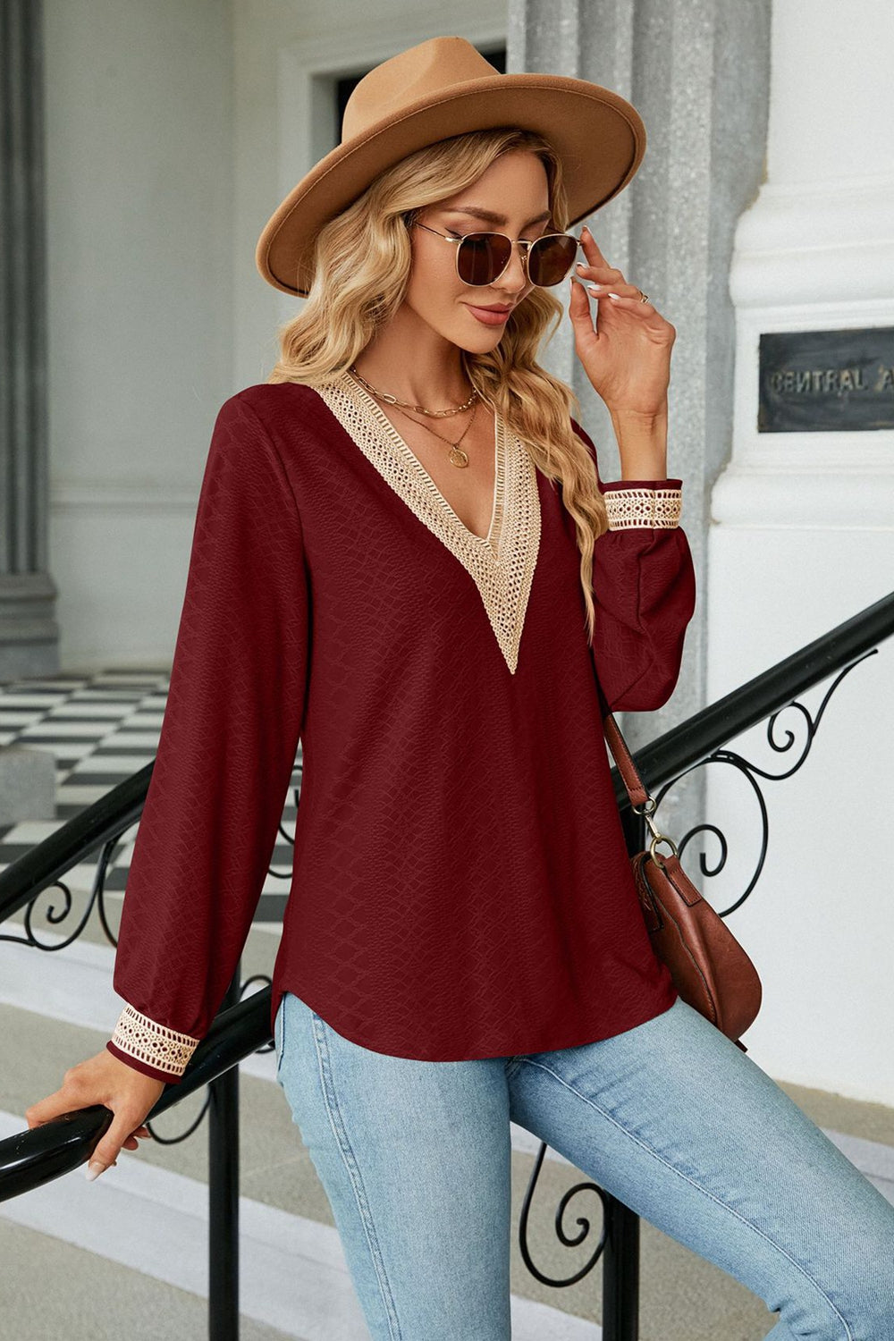 V-Neck Long Sleeve Blouse - OCEANE