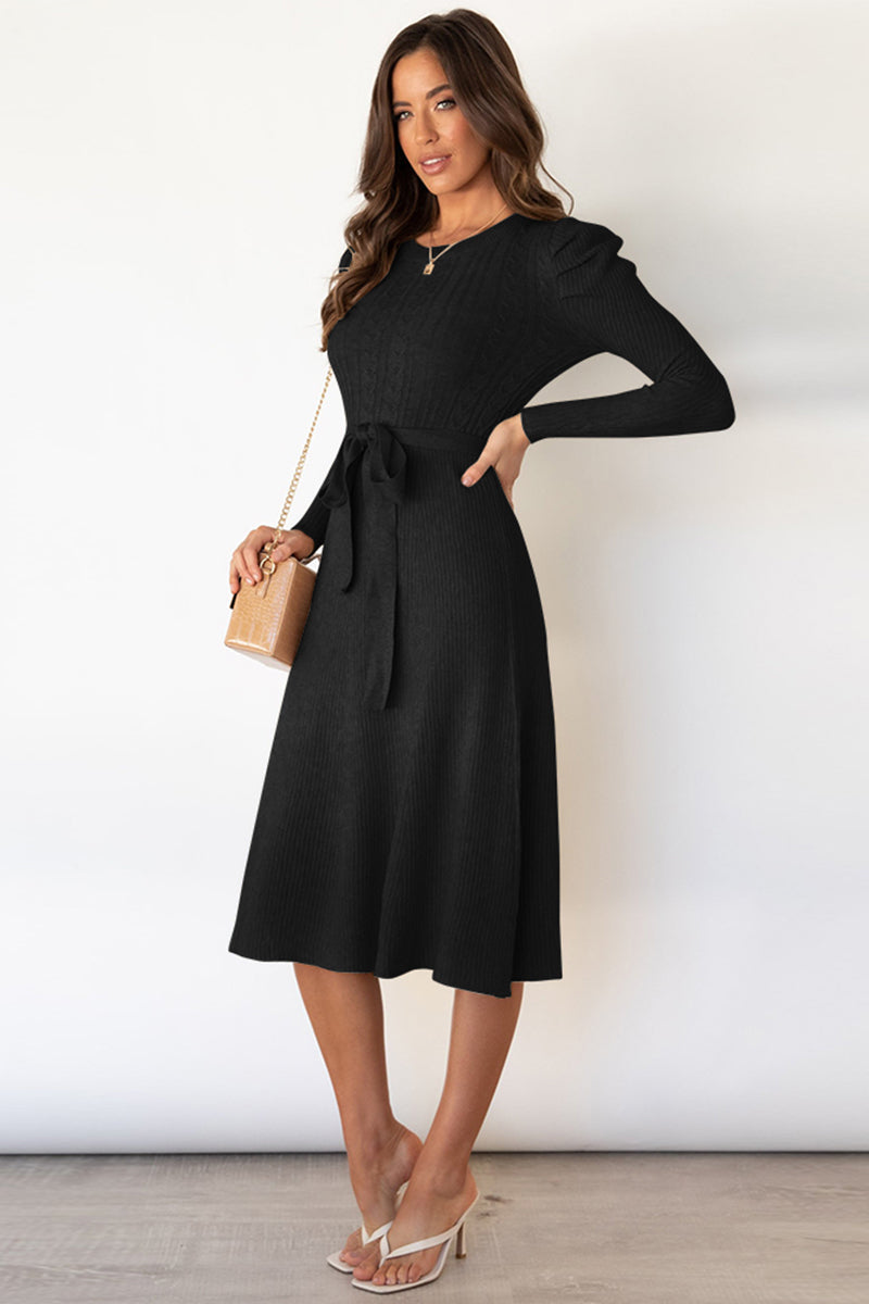 Round Neck Long Sleeve Tie Waist Sweater Dress - OCEANE