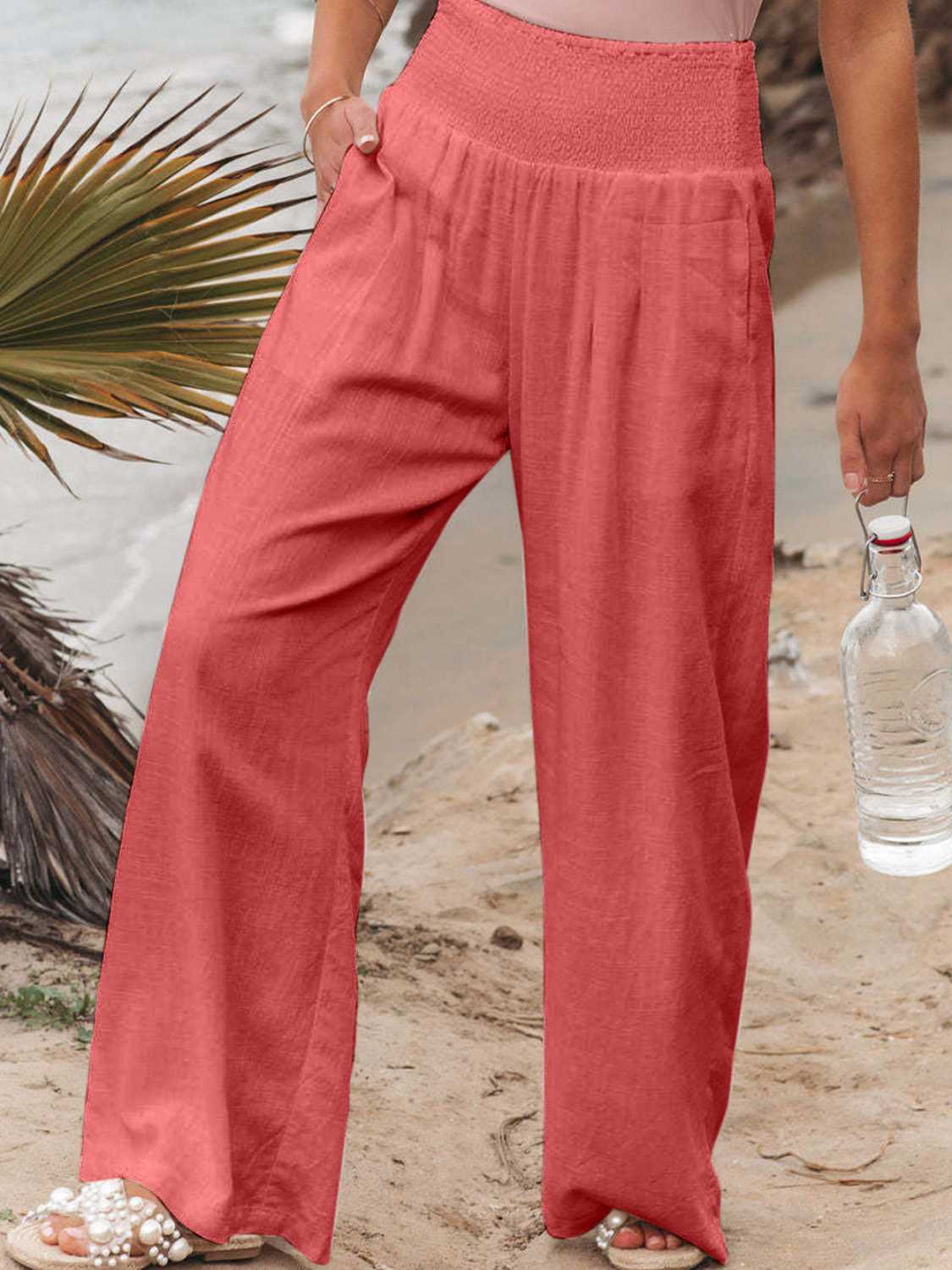 Full Size Smocked Waist Wide Leg Pants - OCEANE