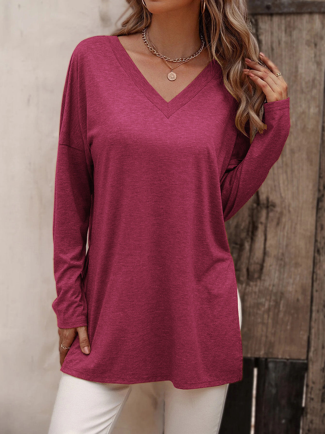 V-Neck Long Sleeve Slit Top - OCEANE