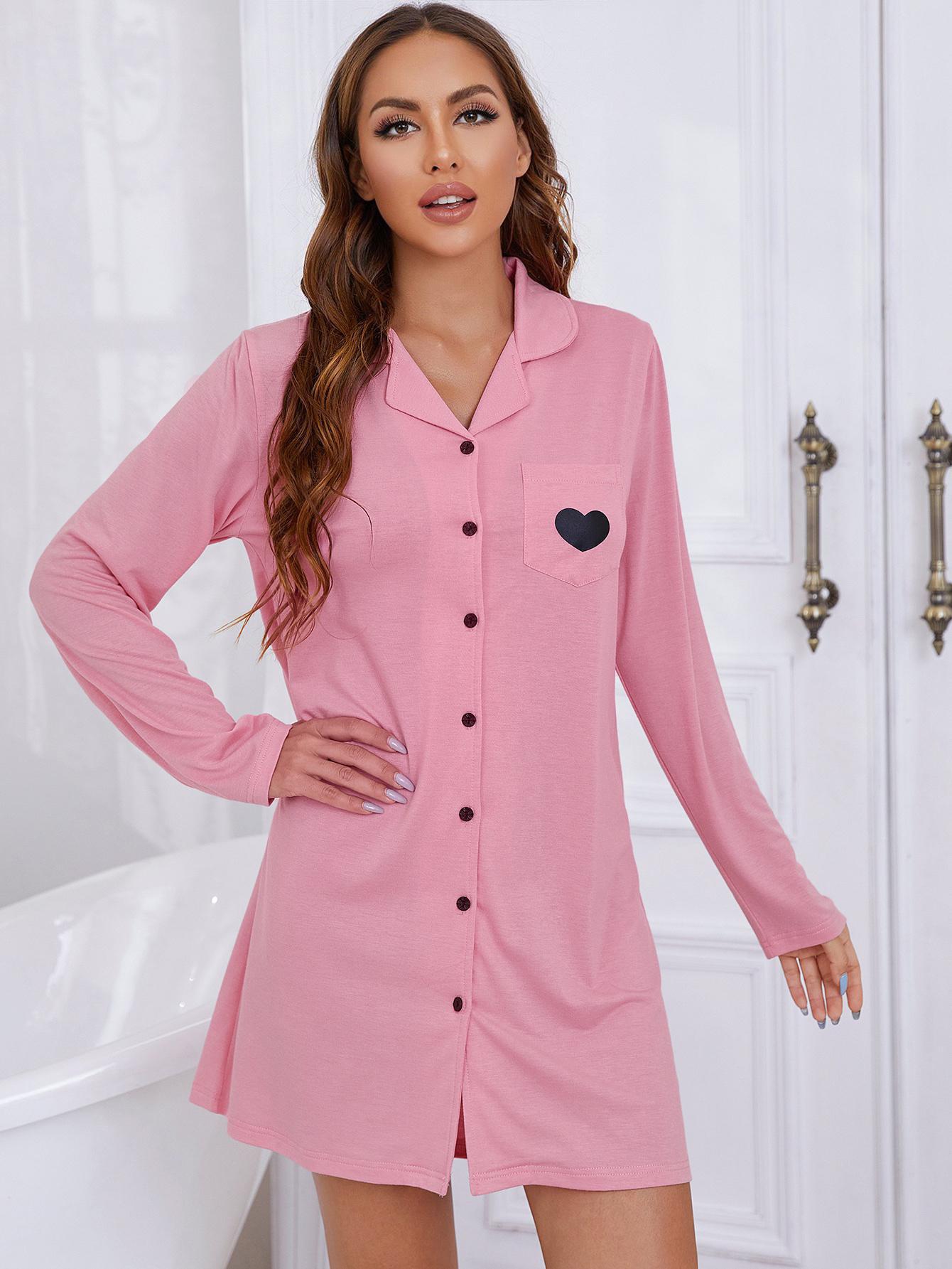 Heart Graphic Lapel Collar Long Sleeve Night Dress - OCEANE