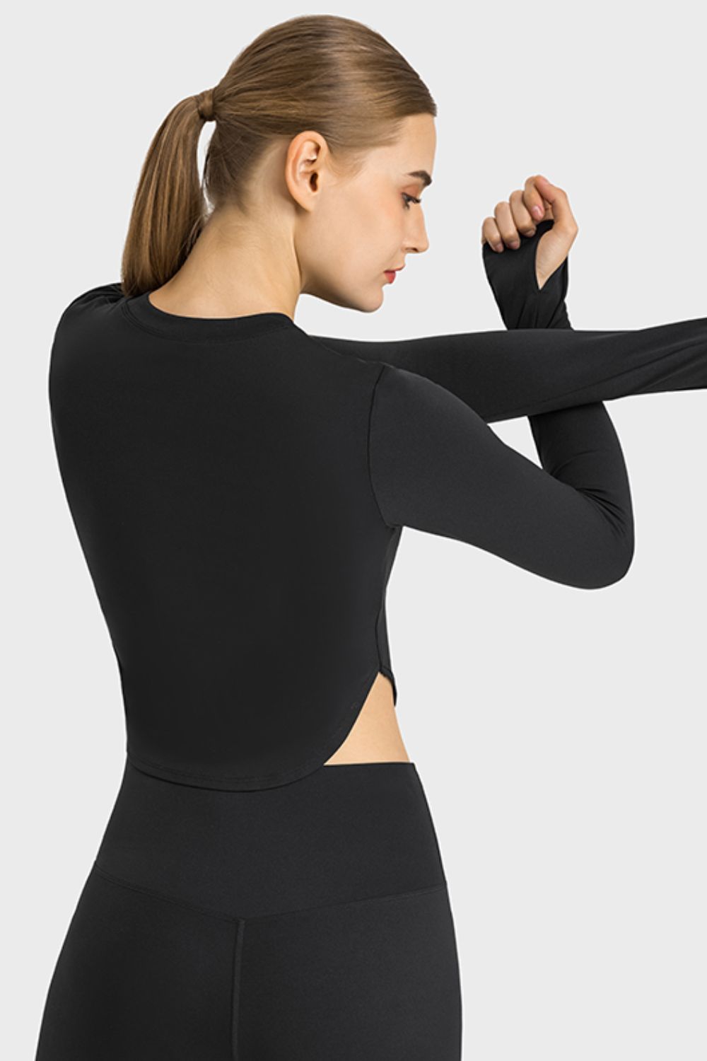 Side Slit Long Sleeve Round Neck Crop Top - OCEANE