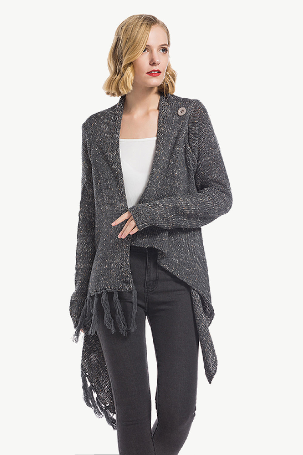 One-Button Tassel Tie Asymmetrical Hem Cardigan - OCEANE