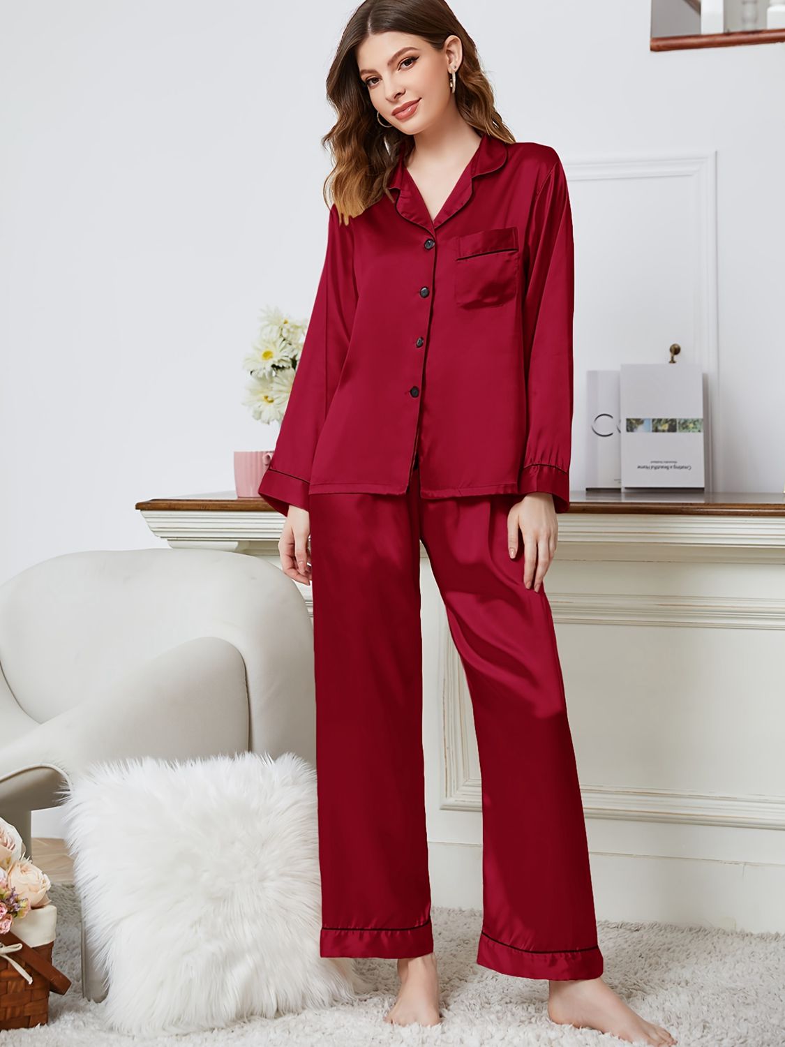 Lapel Collar Long Sleeve Top and Pants Pajama Set - OCEANE