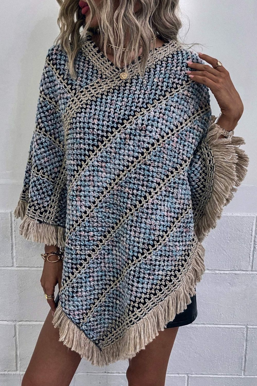 V-Neck Fringe Hem Poncho - OCEANE