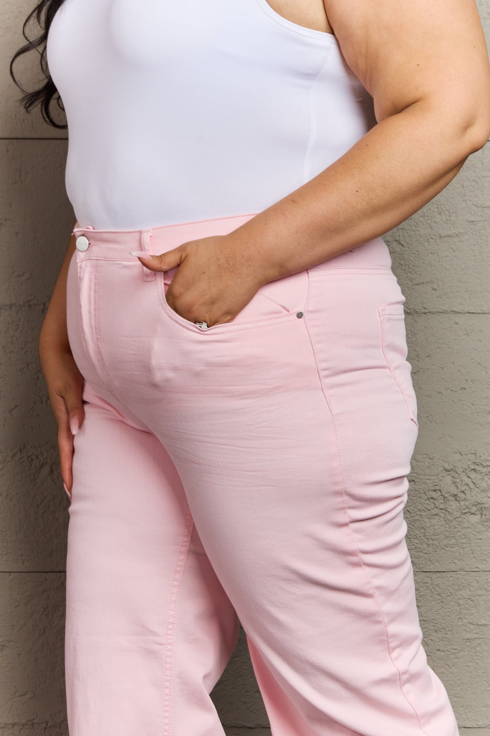 RISEN Raelene Full Size High Waist Wide Leg Jeans in Light Pink - OCEANE