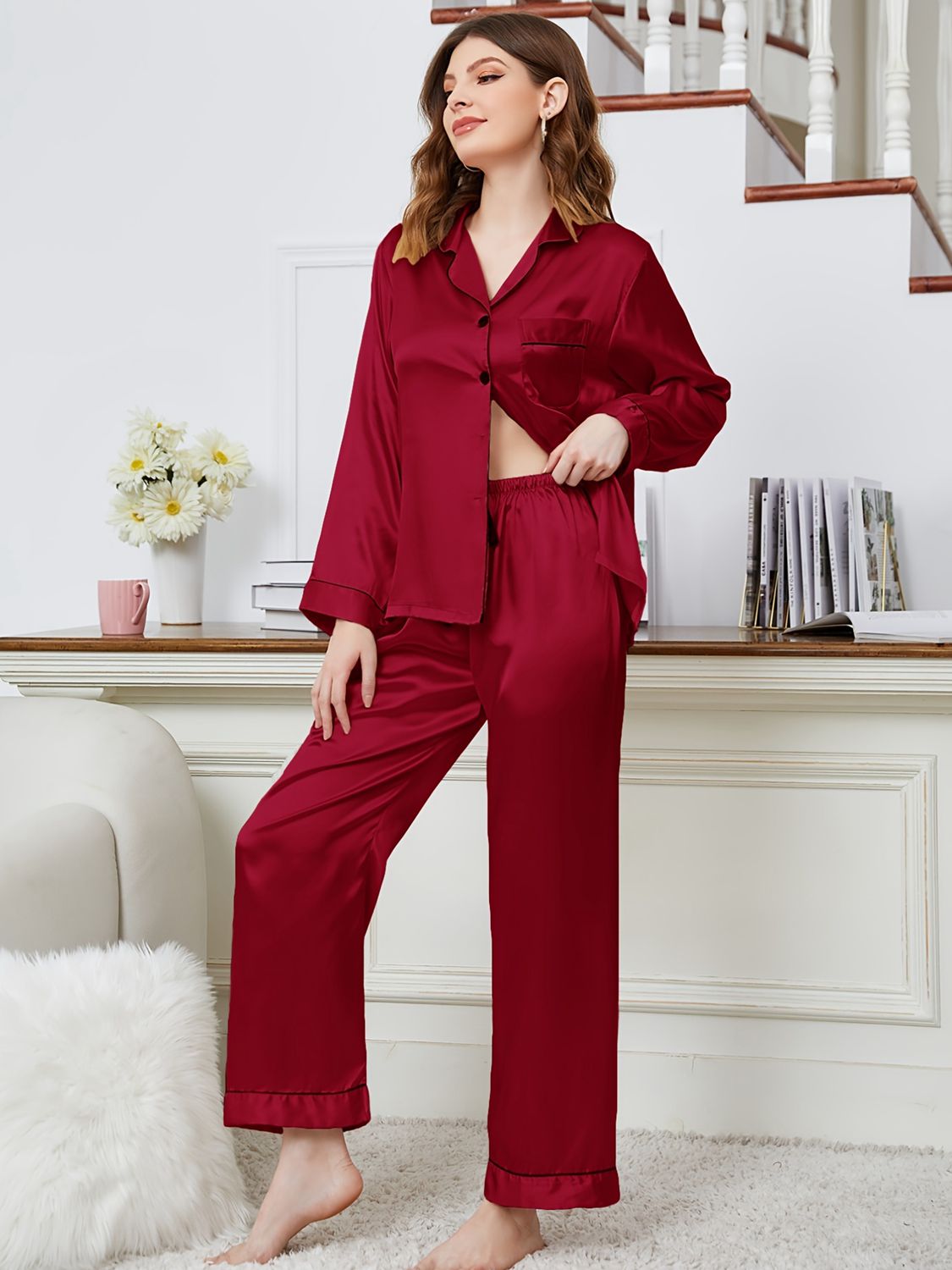 Lapel Collar Long Sleeve Top and Pants Pajama Set - OCEANE