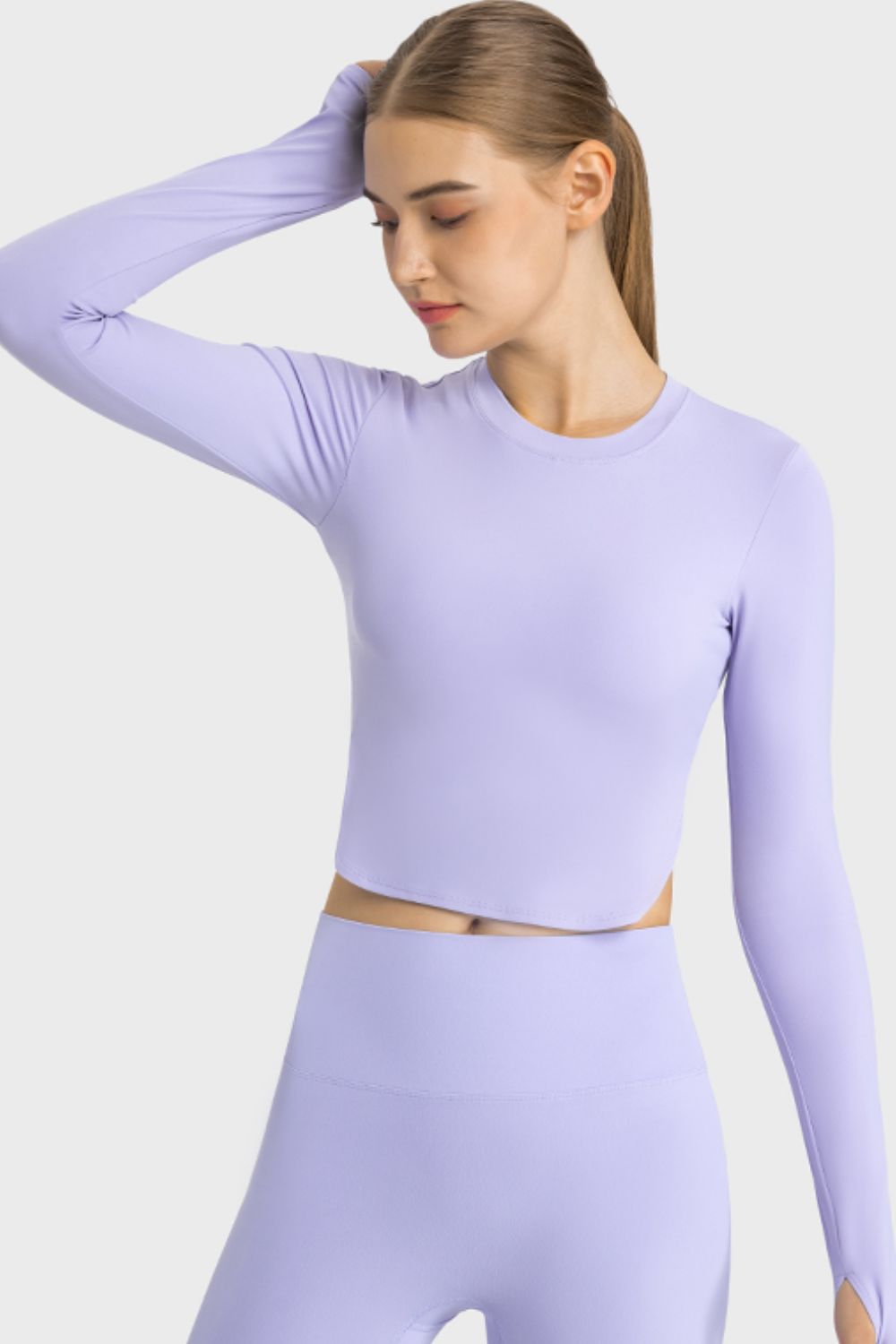 Side Slit Long Sleeve Round Neck Crop Top - OCEANE