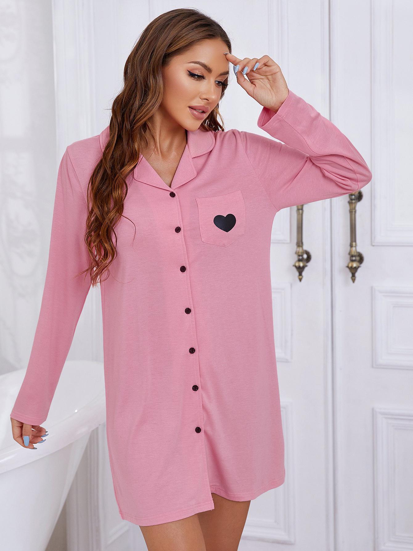 Heart Graphic Lapel Collar Long Sleeve Night Dress - OCEANE