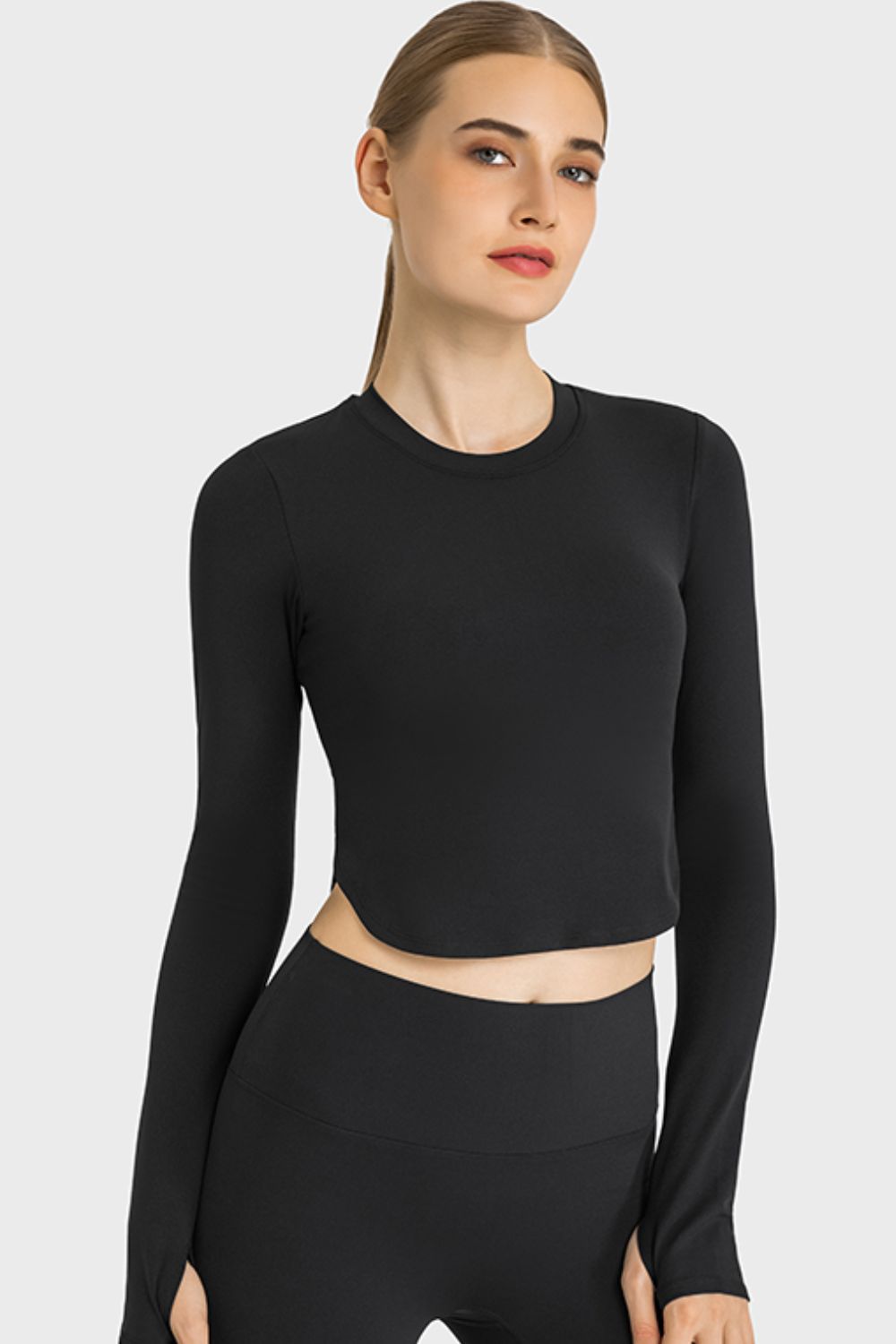 Side Slit Long Sleeve Round Neck Crop Top - OCEANE