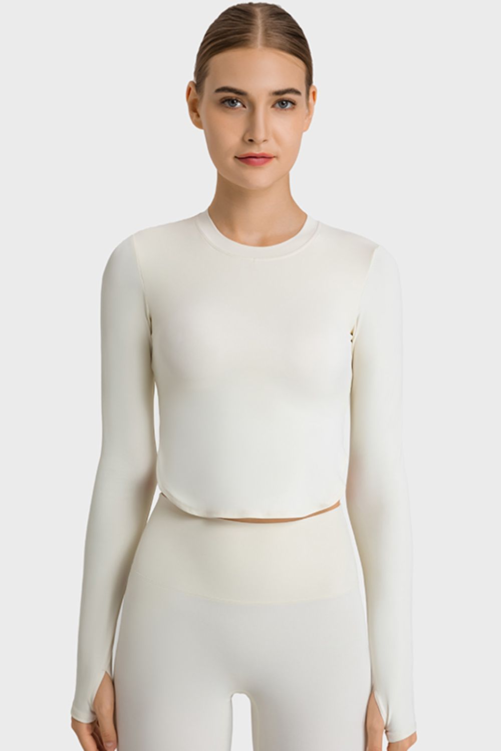 Side Slit Long Sleeve Round Neck Crop Top - OCEANE