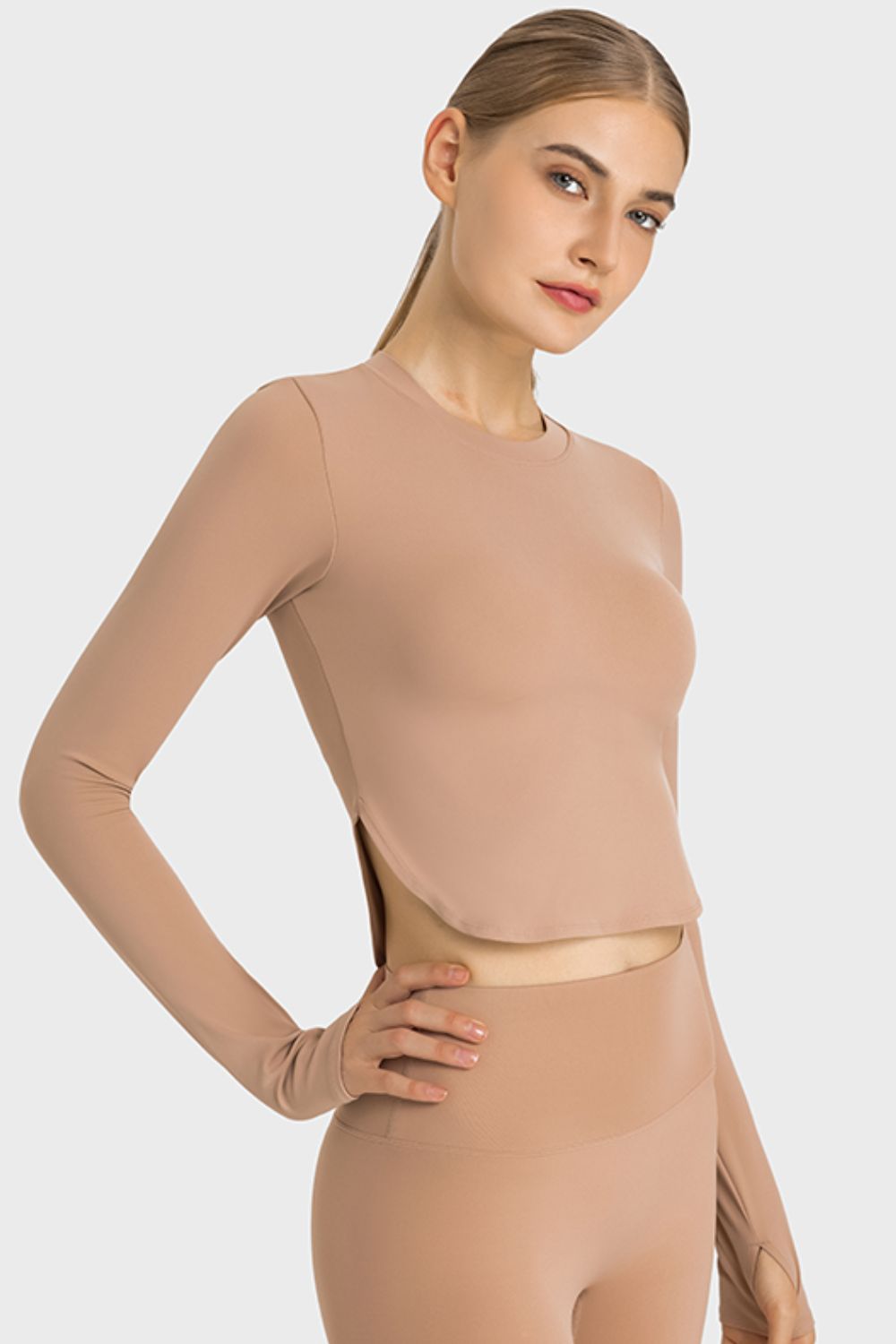 Side Slit Long Sleeve Round Neck Crop Top - OCEANE