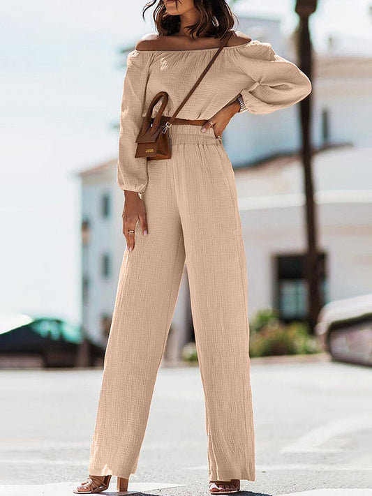 Off Shoulder Long Sleeve Top and Pants Set - OCEANE