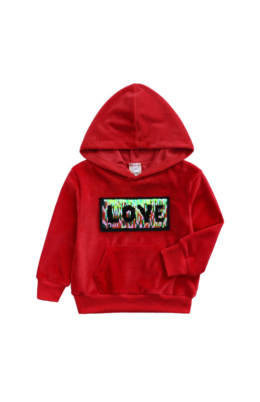 Kid's Sequin LOVE Hooded Multi Color Velvet Sweatshirt Hoodie Pajama Set