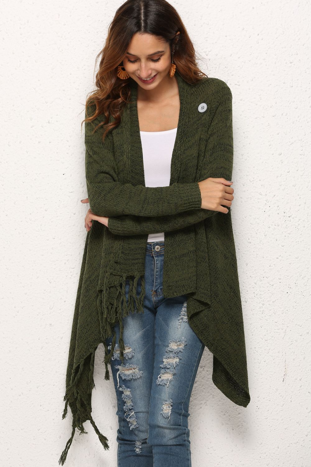 One-Button Tassel Tie Asymmetrical Hem Cardigan - OCEANE