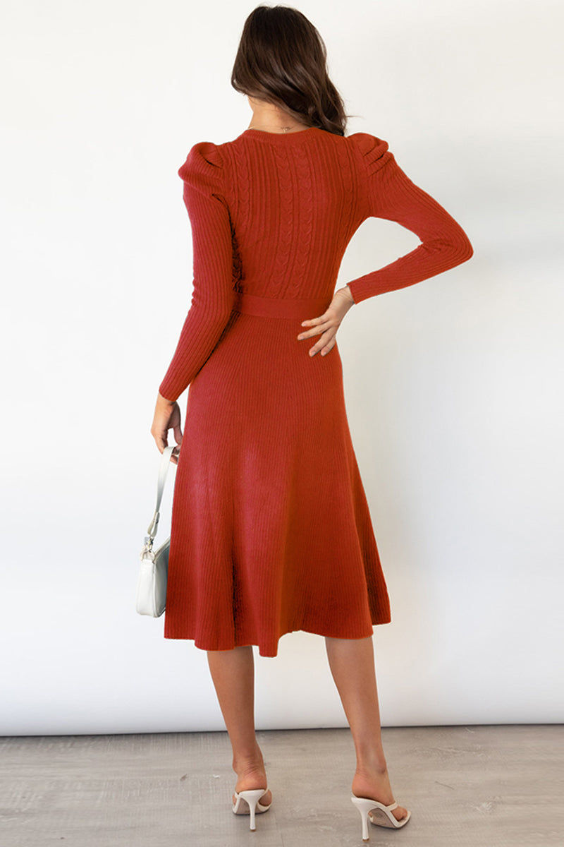 Round Neck Long Sleeve Tie Waist Sweater Dress - OCEANE