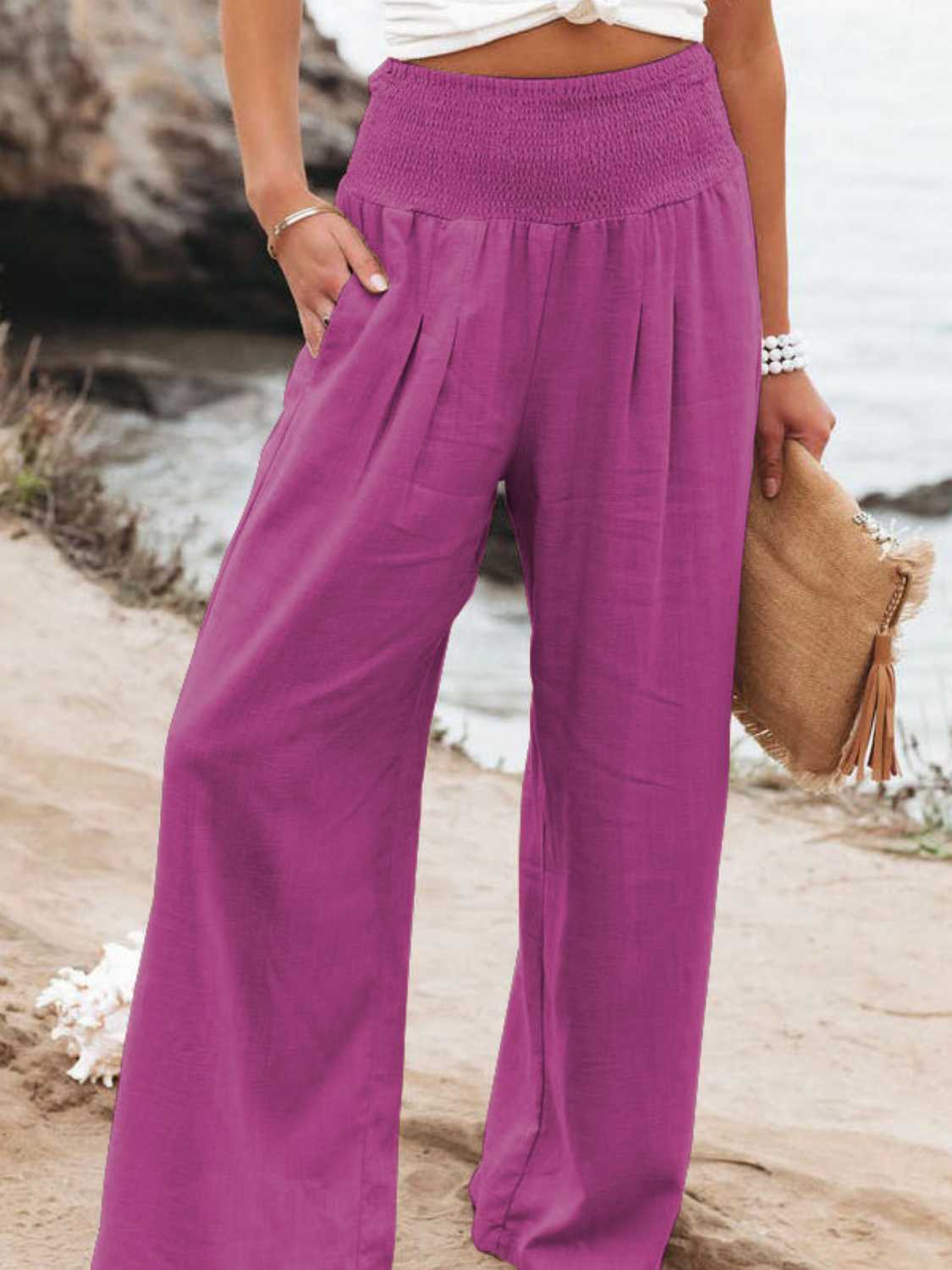 Full Size Smocked Waist Wide Leg Pants - OCEANE